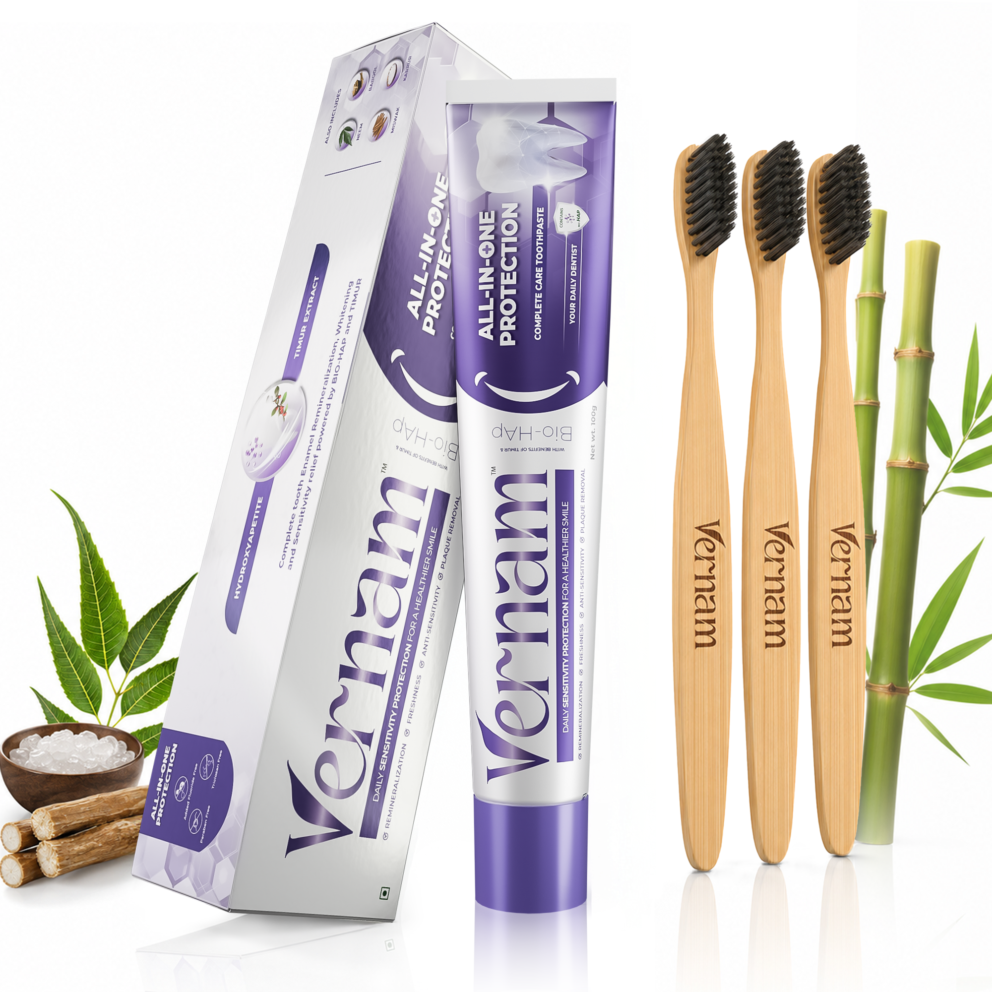 Bamboo Toothbrush 3-Pack + All-In-One Protection Toothpaste 100g | Soft, Biodegradable, Fluoride-Free, Enamel Strength & Sensitivity Relief