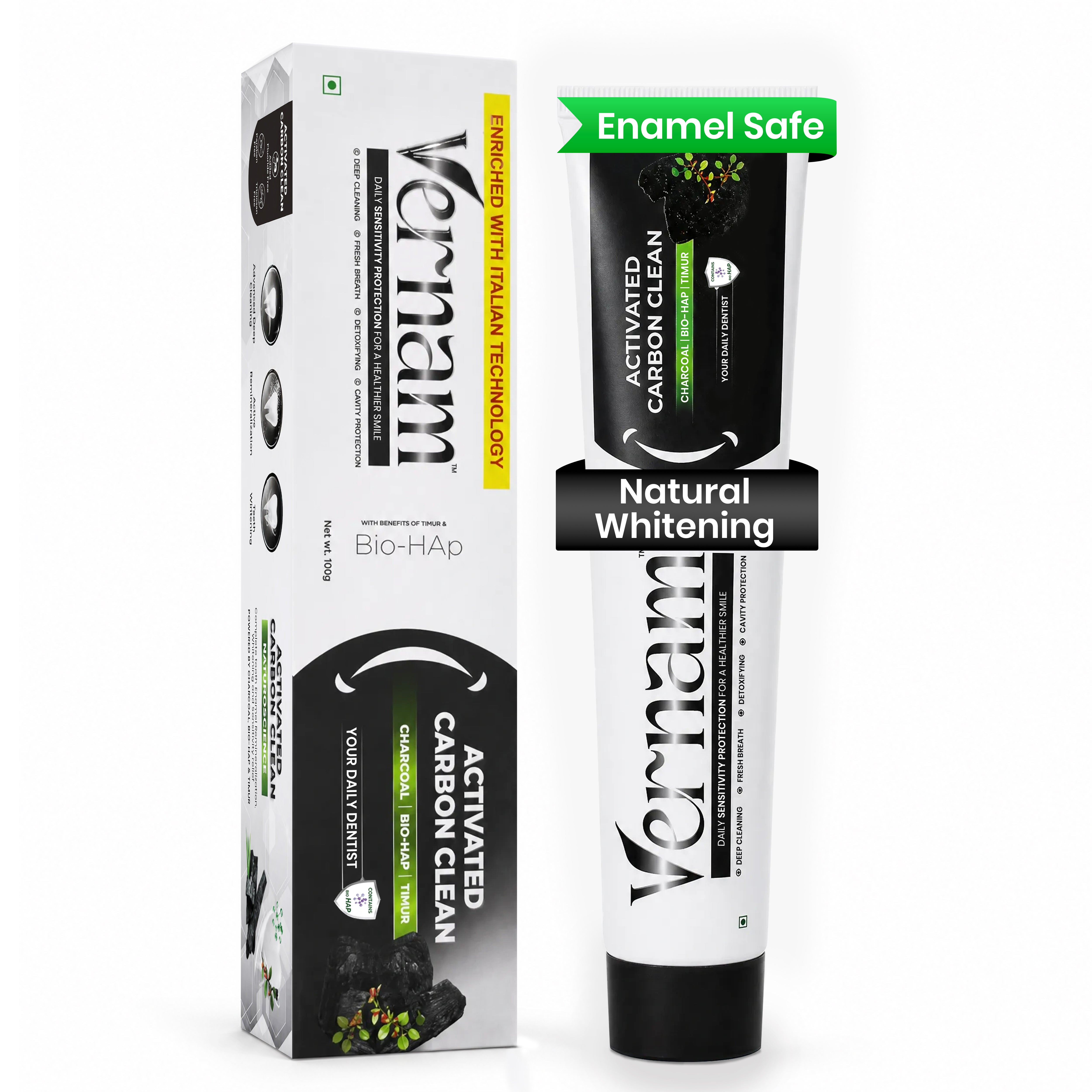 Vernam Activated Charcoal Hydroxyapatite Toothpaste – Deep Detox Cleaning, Natural Whitening, Sensitivity Repair & Enamel Restoration | Fluoride-Free Oral Care for Fresh Breath