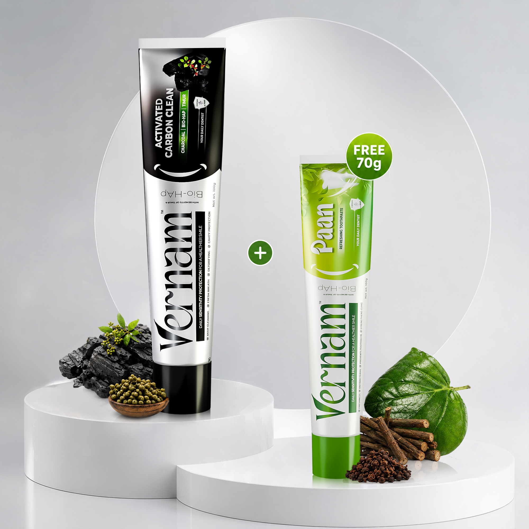 Vernam Charcoal Toothpaste 100g + Paan Hydroxyapatite Toothpaste 70g Free