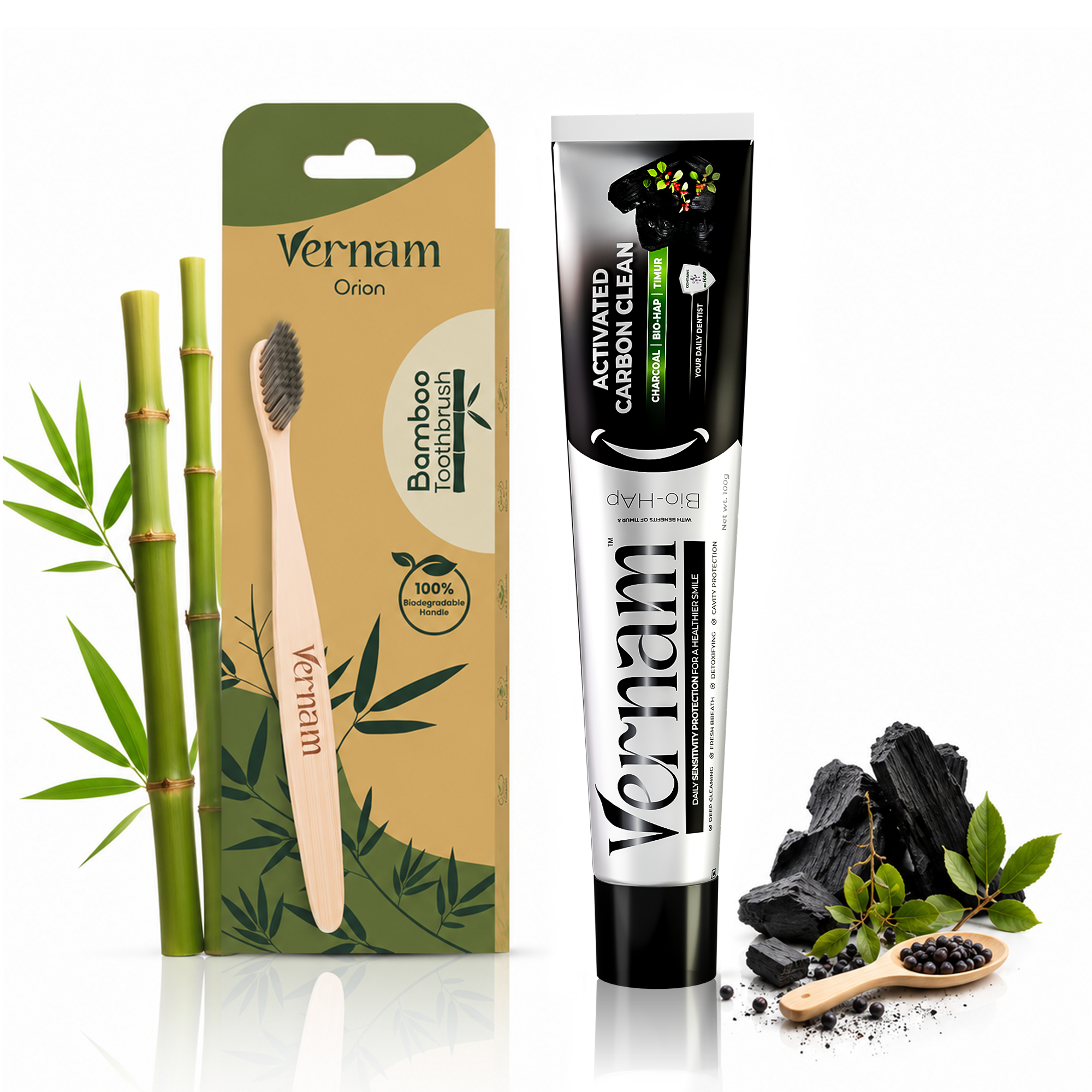 Charcoal Whitening Toothpaste 100g & Bamboo Toothbrush Combo | Hydroxyapatite Enamel Repair & Stain Removal | Fluoride-Free, Anti Cavity, Gum Care | Eco-Friendly, Vegan