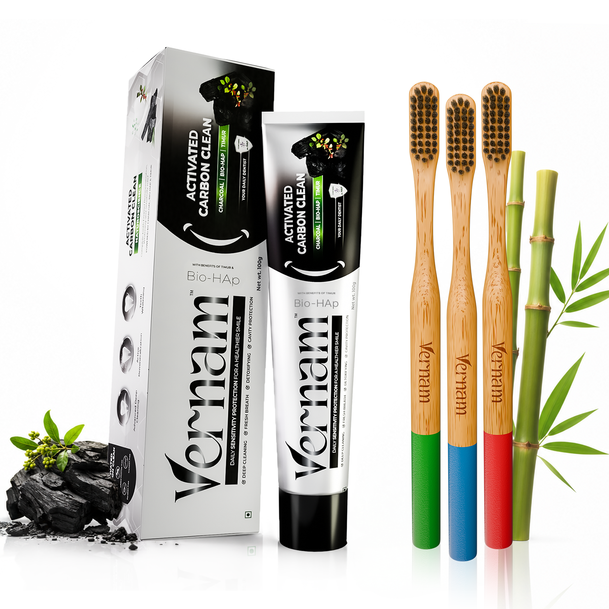 harcoal Whitening Toothpaste (70g) + Vernam Phoenix Bamboo Toothbrushes (Pack of 3) | Enamel Repair, Stain Removal & Eco-Friendly Vegan Oral Care Combo