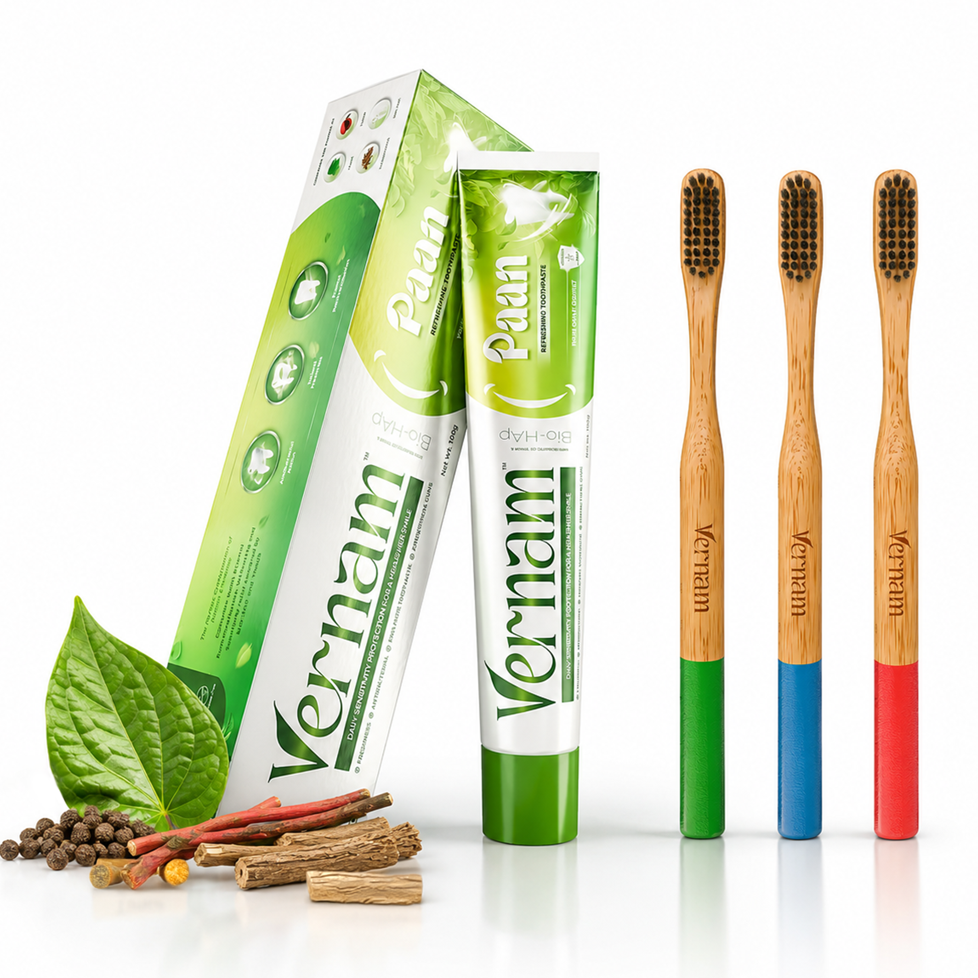 Paan Toothpaste (70g) + Vernam Phoenix Bamboo Toothbrushes (Pack of 3) | Fluoride-Free, Enamel Repair, Natural Freshness & Eco-Friendly Oral Care Combo